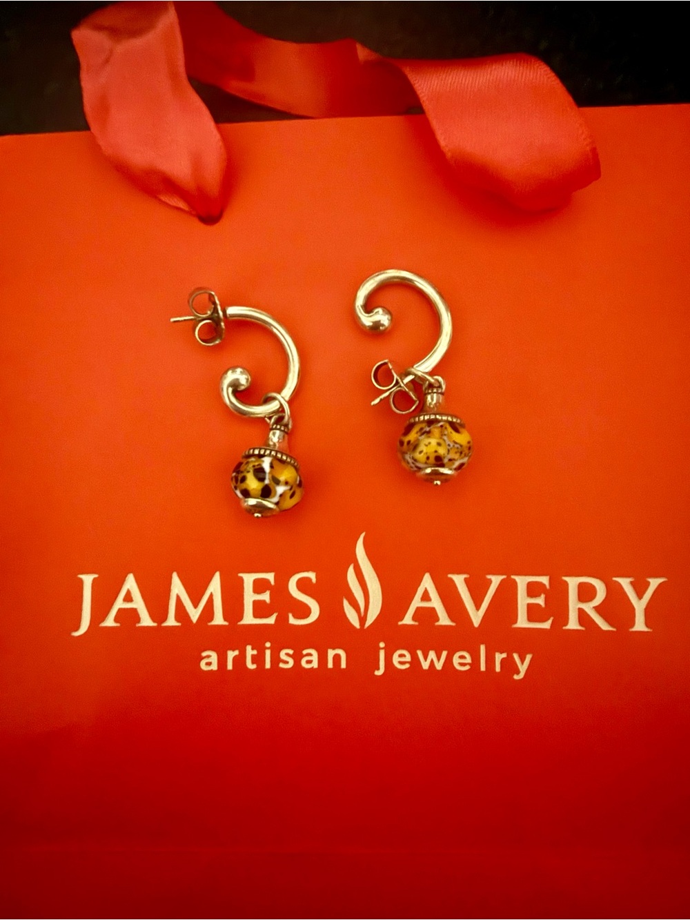 James Avery Retired Silver Earrings with Leopard / Tortoise Glass Beads - Picture 2 of 2